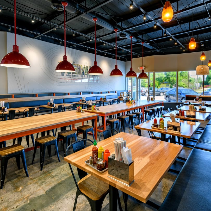 Spacious restaurant interior with light wood tables, dark blue booth seating, and red pendant lights.